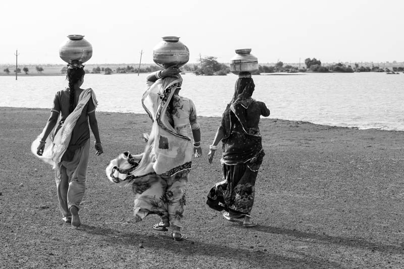 Nature-based solution for quenching thirst in the driest place of India - Women  proceeding to fetch drinking water from Viprasar, a rainfed pond in Thar Desert, Jaisalmer district, Rajasthan